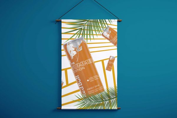 Photo of blank black canvas hanging on the white background.